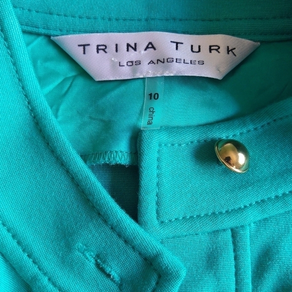 Trina Turk Turquoise Ponte Stretch Sleeveless Dress Stand Collar Gold Buttons - Picture 5 of 9